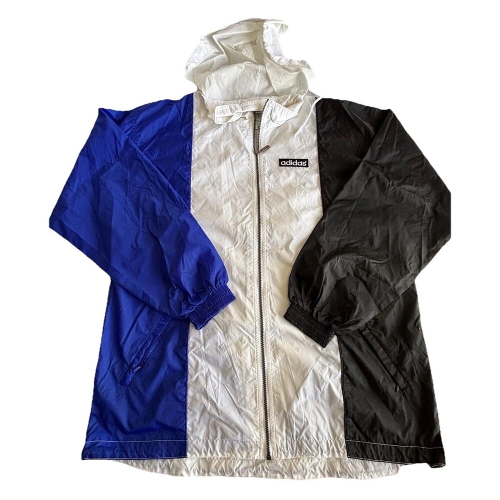 Adidas Windbreaker Soccer Mens M White Blue Black Hooded Full Zip - Picture 1 of 16